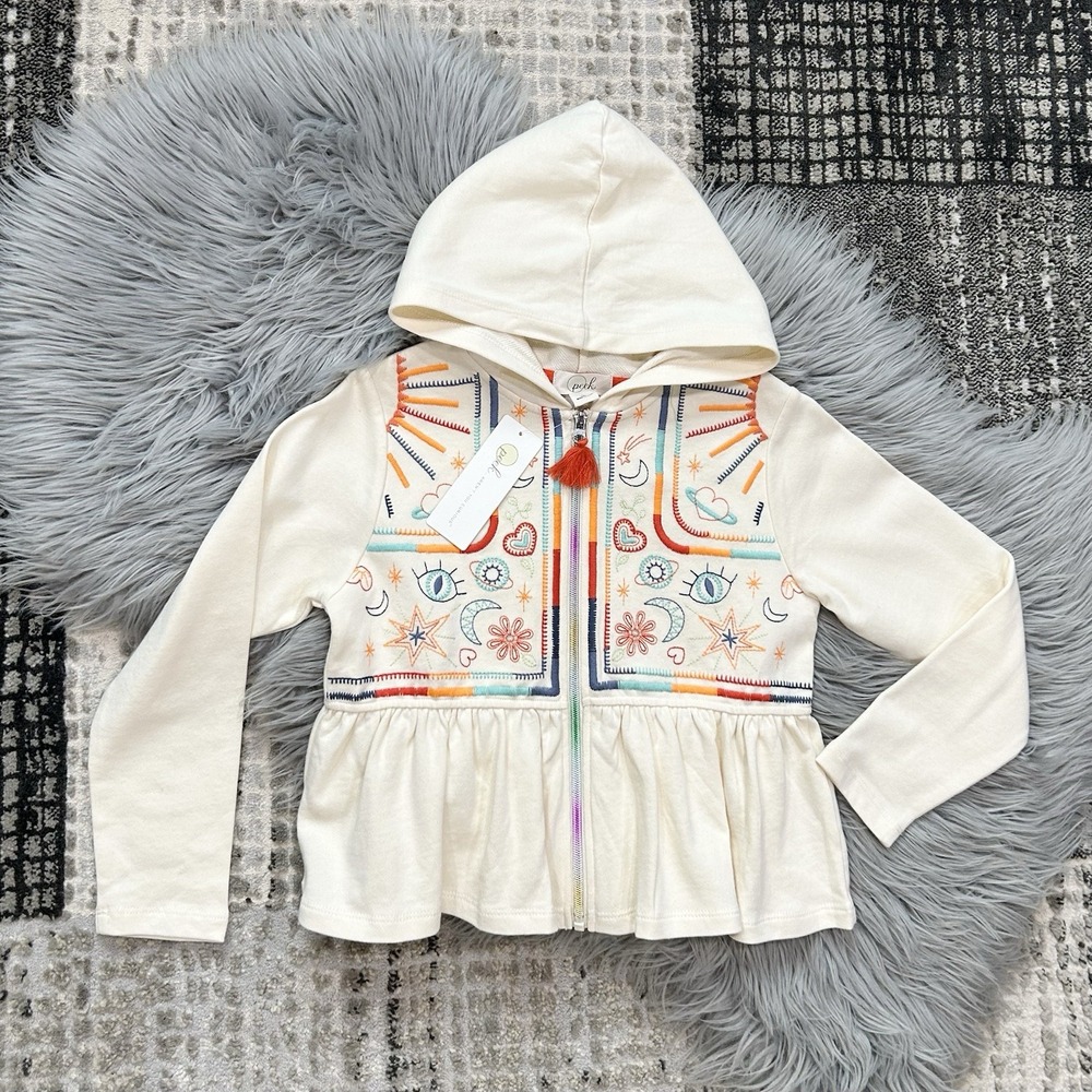PEEK Girls Zen Multicolor Embroidered Cream Zip-Up Hoodie Size 8 W/Rainbow Zip